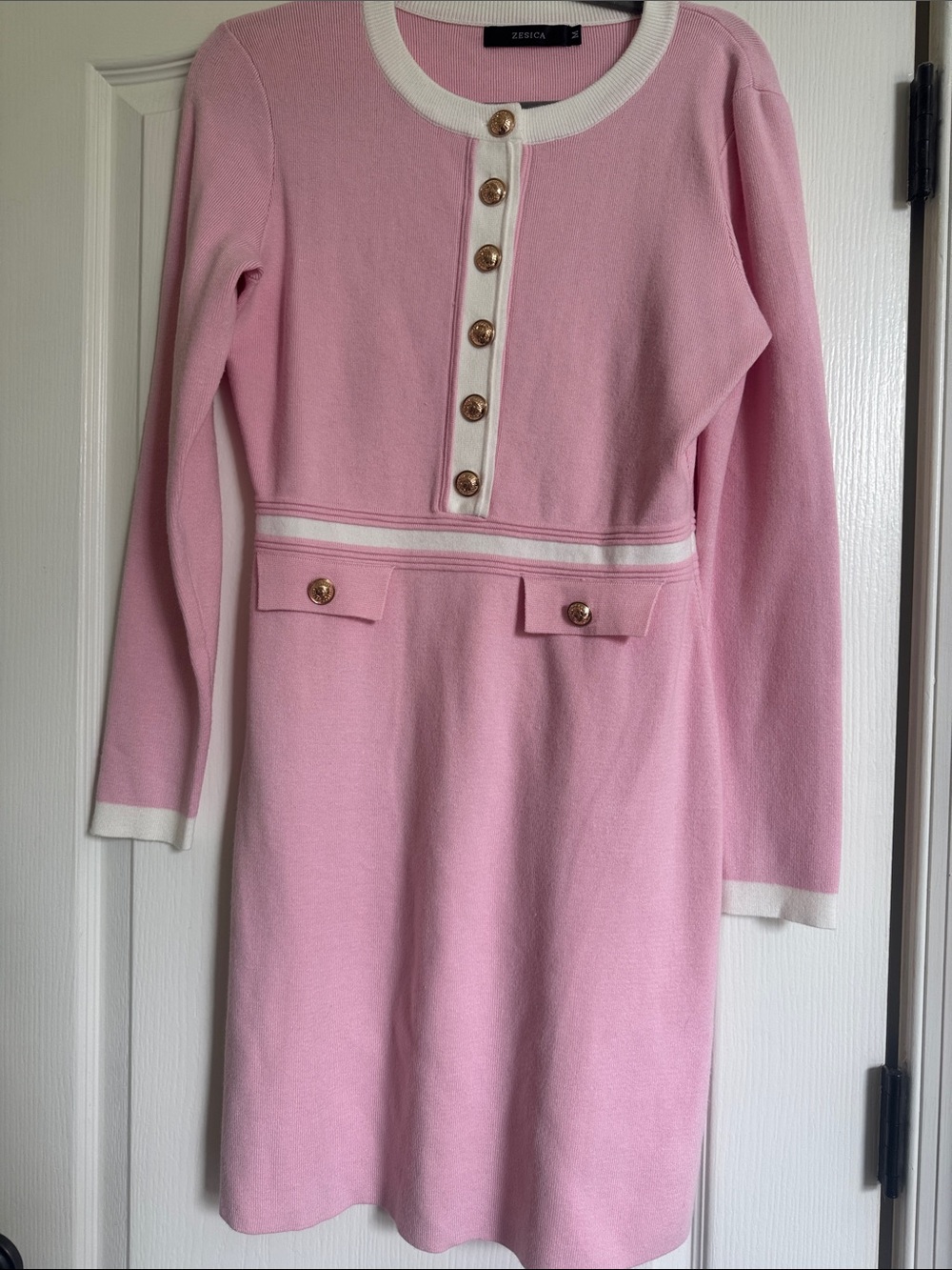 Pink Long Sleeve Knit Dress with Contrast Trim